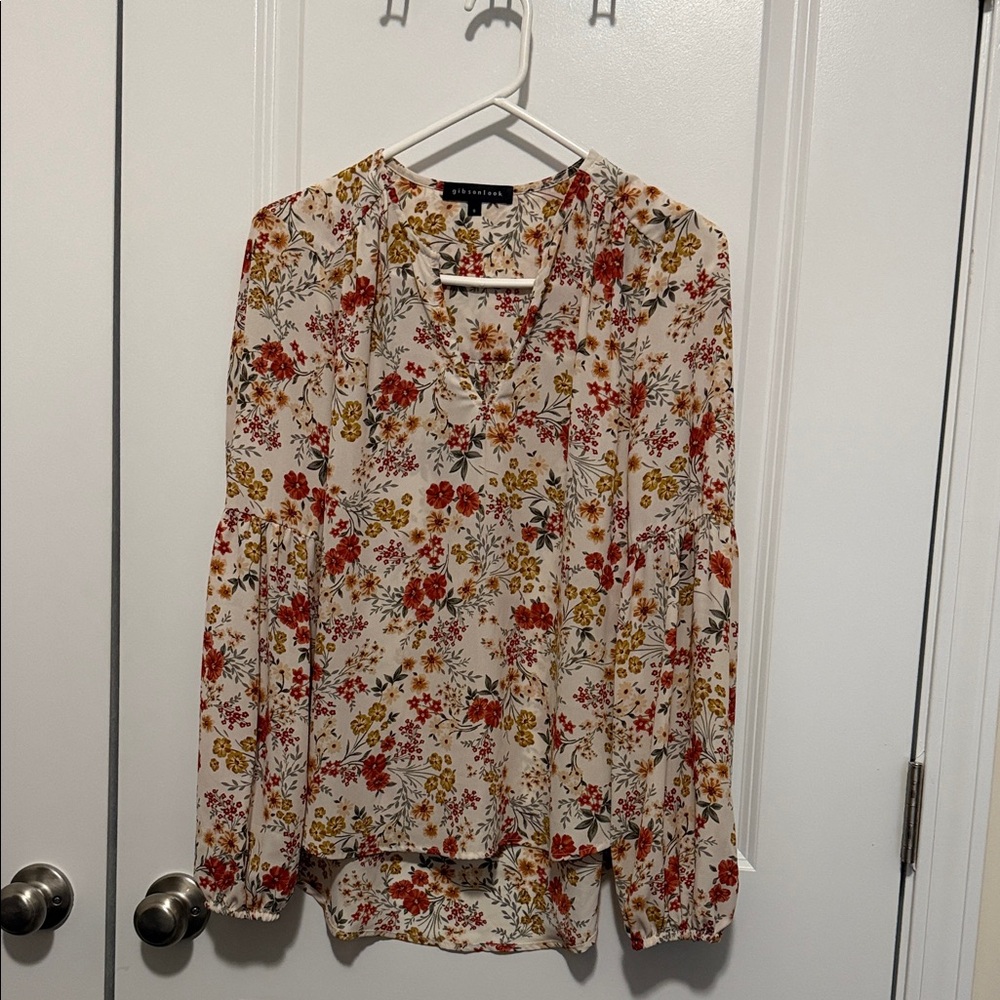 Elegant Floral Blouse with Red and Yellow Accents